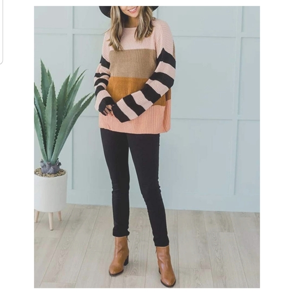 Oversized Crew Color Block Knit Pullover Sweater - Picture 4 of 6